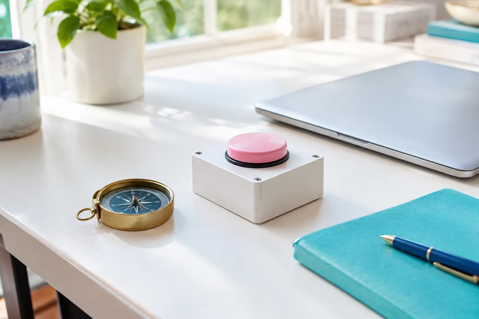 Boussole et bouton rose sur un bureau blanc : référencer une landing page sur Google sans perdre la conversion
