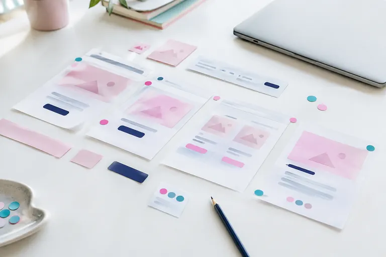 Prototypes papier d’une page web avec pastilles roses et turquoise sur un bureau lumineux